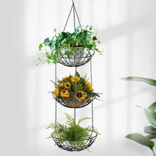 Set of 3 Nordic Wrought Iron Hanging Fruit Baskets with Hooks, Flower Pot Storage Basket Set of 3 Nordic Wrought Iron Hanging Fruit Baskets with Hooks, Flower Pot Storage Basket