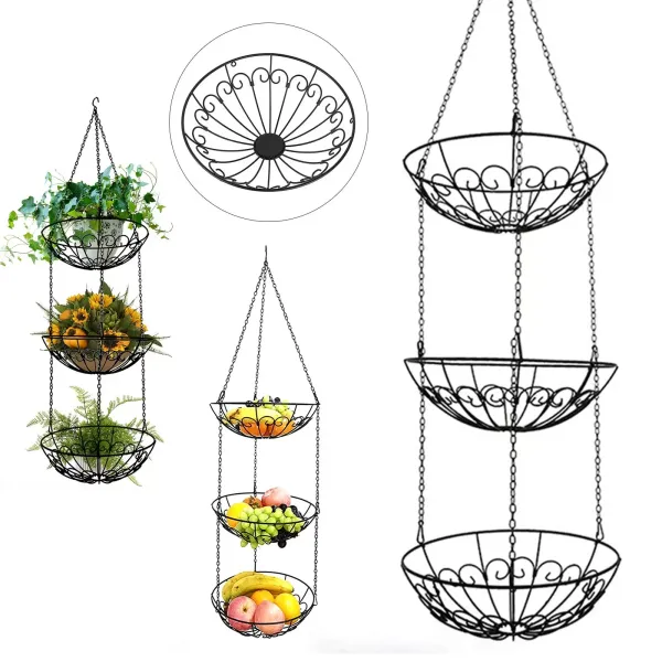 Set of 3 Nordic Wrought Iron Hanging Fruit Baskets with Hooks, Flower Pot Storage Basket