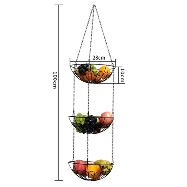 Set of 3 Nordic Wrought Iron Hanging Fruit Baskets with Hooks, Flower Pot Storage Basket
