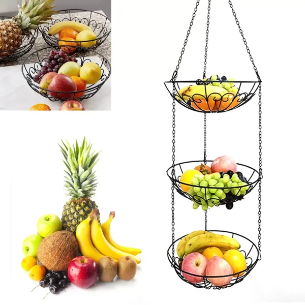 Set of 3 Nordic Wrought Iron Hanging Fruit Baskets with Hooks, Flower Pot Storage Basket