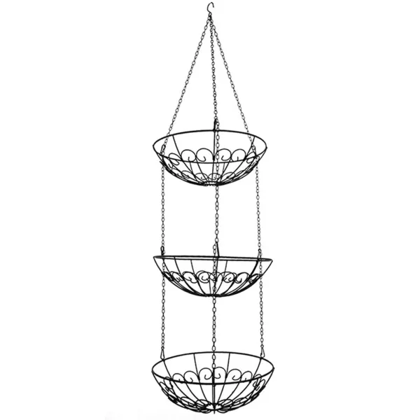 Set of 3 Nordic Wrought Iron Hanging Fruit Baskets with Hooks, Flower Pot Storage Basket