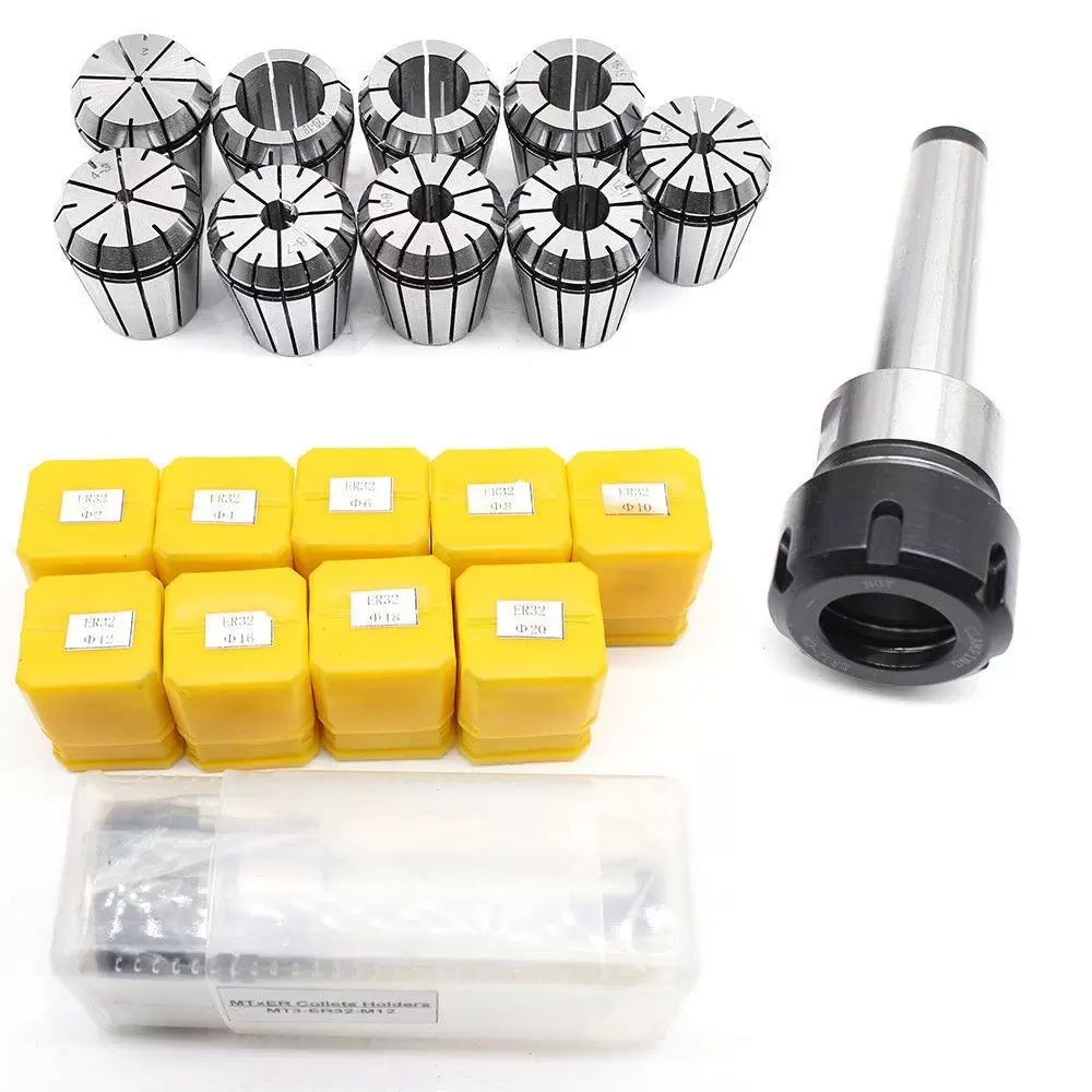M12 MK3 ER32 Collet Chuck + 9pcs 2-20mm Collet Set for Milling Machine, Made of High Quality Spring Steel M12 MK3 ER32 Collet Chuck + 9pcs 2-20mm Collet Set for Milling Machine, Made of High Quality Spring Steel