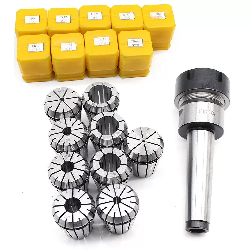M12 MK3 ER32 Collet Chuck + 9pcs 2-20mm Collet Set for Milling Machine, Made of High Quality Spring Steel M12 MK3 ER32 Collet Chuck + 9pcs 2-20mm Collet Set for Milling Machine, Made of High Quality Spring Steel