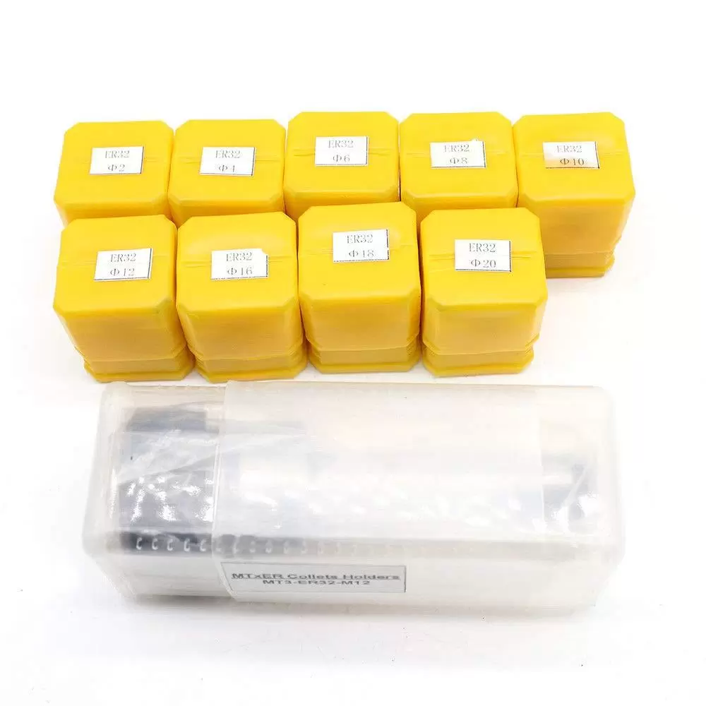 M12 MK3 ER32 Collet Chuck + 9pcs 2-20mm Collet Set for Milling Machine, Made of High Quality Spring Steel M12 MK3 ER32 Collet Chuck + 9pcs 2-20mm Collet Set for Milling Machine, Made of High Quality Spring Steel