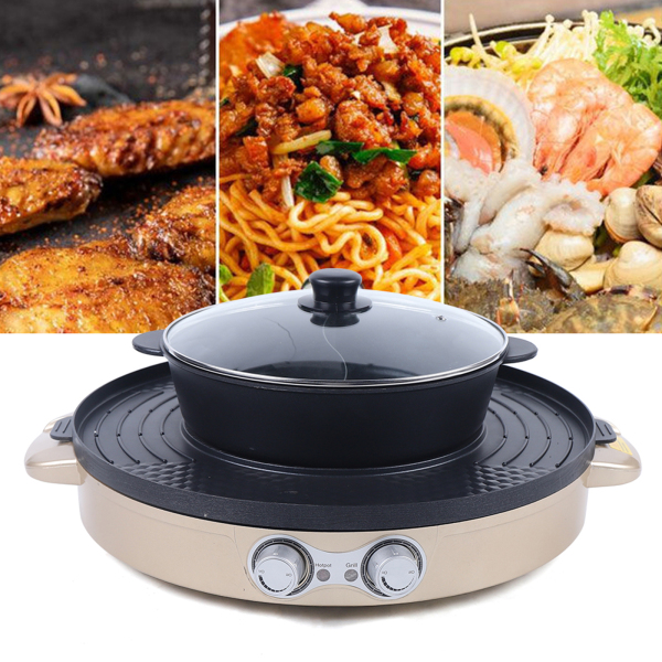 2 in 1 Electric Hot Pots Multi-function Grill Pan Non-Stick Hot Pot Mandarinente Pan Electric Oven Double Separation Mandarin Duck Pot Gold 2 in 1 Electric Hot Pots Multi-function Grill Pan Non-Stick Hot Pot Mandarinente Pan Electric Oven Double Separation Mandarin Duck Pot Gold