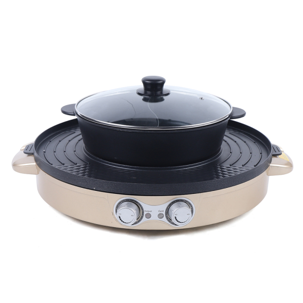 2 in 1 Electric Hot Pots Multi-function Grill Pan Non-Stick Hot Pot Mandarinente Pan Electric Oven Double Separation Mandarin Duck Pot Gold