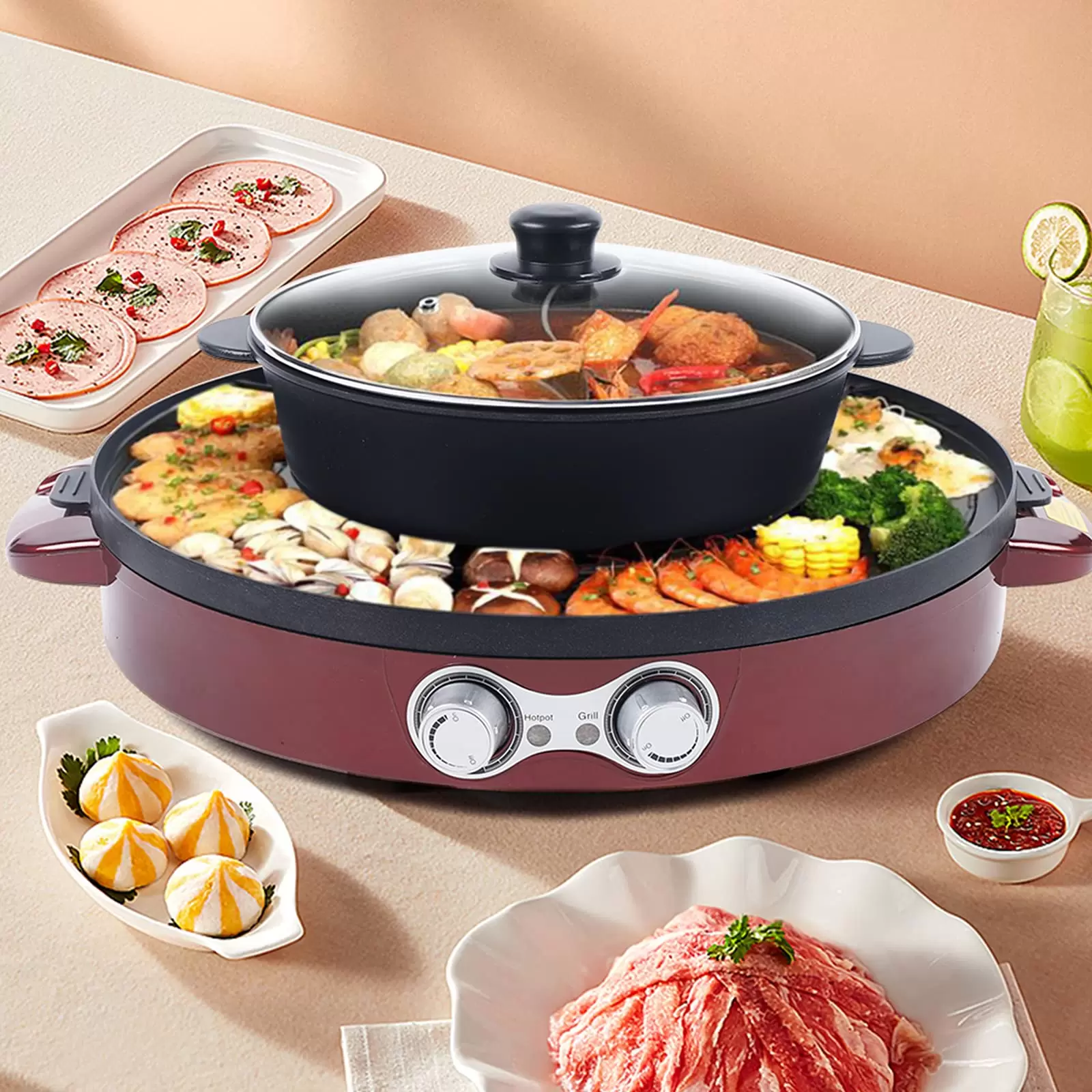 Electric Grill Pan 2 in 1 Hot Pot Multi-function Non-Stick Double Pan Barbecue Double Separation Mandarin Duck Pot For 5-8 People Red