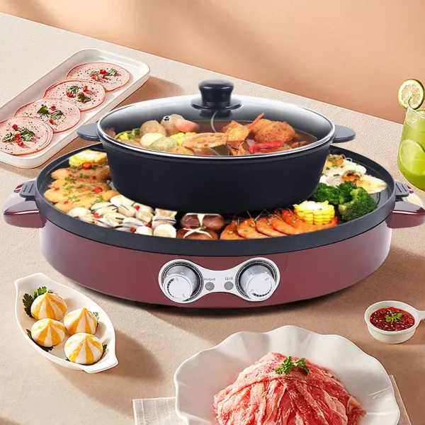 Electric Grill Pan 2 in 1 Hot Pot Multi-function Non-Stick Double Pan Barbecue Double Separation Mandarin Duck Pot For 5-8 People Red