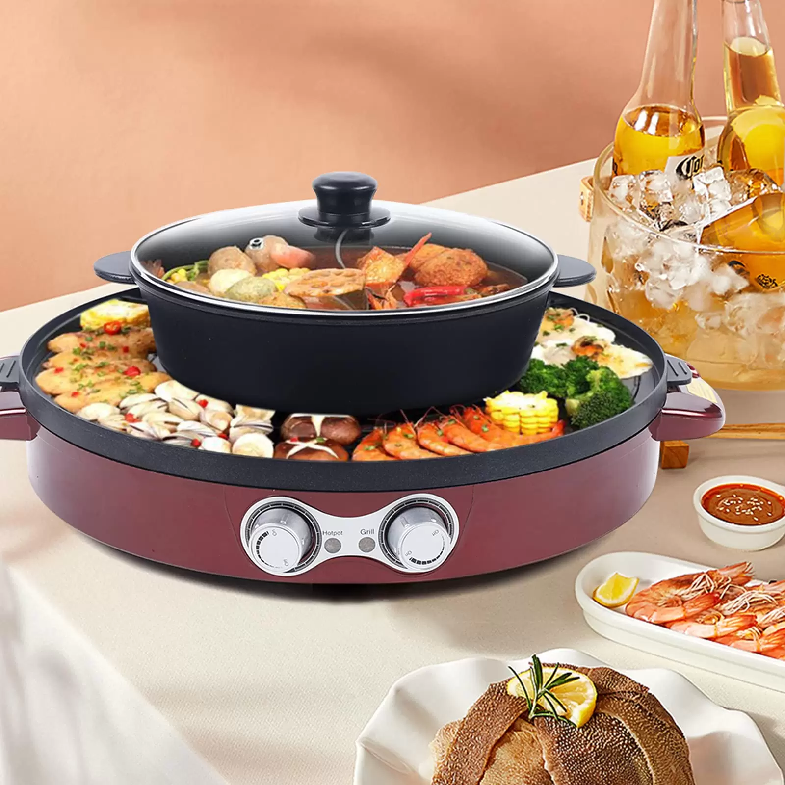Electric Grill Pan 2 in 1 Hot Pot Multi-function Non-Stick Double Pan Barbecue Double Separation Mandarin Duck Pot For 5-8 People Red