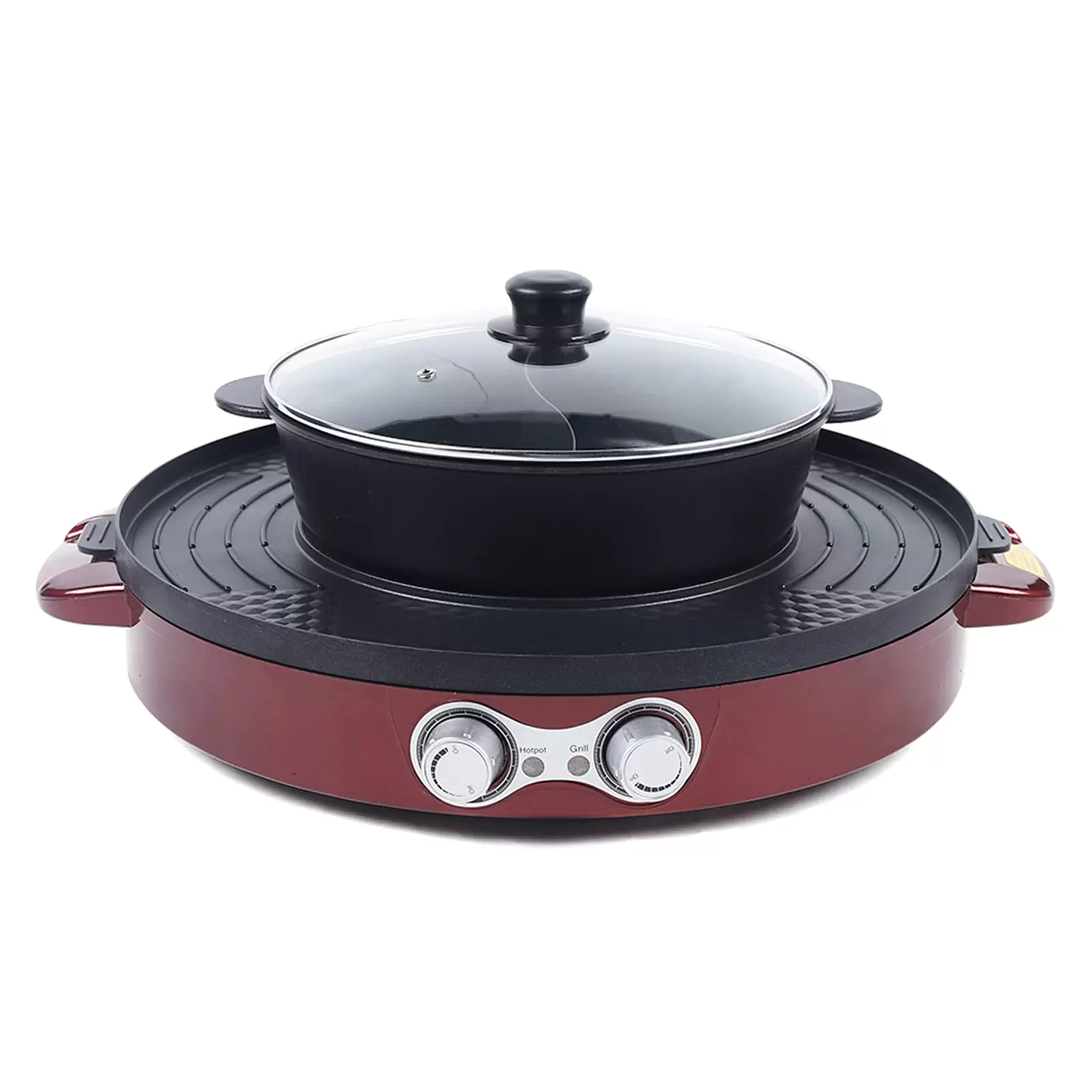 Electric Grill Pan 2 in 1 Hot Pot Multi-function Non-Stick Double Pan Barbecue Double Separation Mandarin Duck Pot For 5-8 People Red