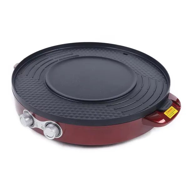 Electric Grill Pan 2 in 1 Hot Pot Multi-function Non-Stick Double Pan Barbecue Double Separation Mandarin Duck Pot For 5-8 People Red