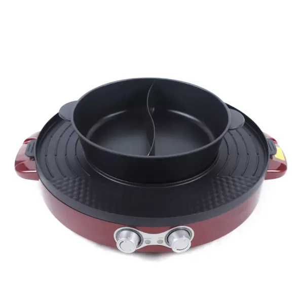 Electric Grill Pan 2 in 1 Hot Pot Multi-function Non-Stick Double Pan Barbecue Double Separation Mandarin Duck Pot For 5-8 People Red