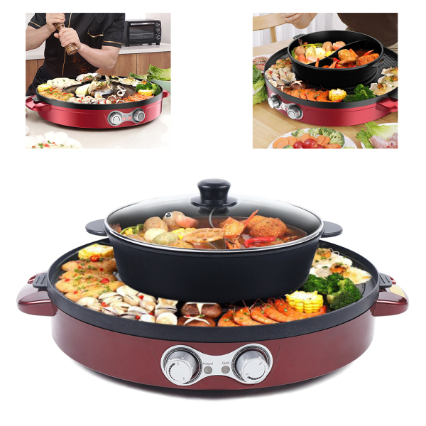 Electric Grill Pan 2 in 1 Hot Pot Multi-function Non-Stick Double Pan Barbecue Double Separation Mandarin Duck Pot For 5-8 People Red