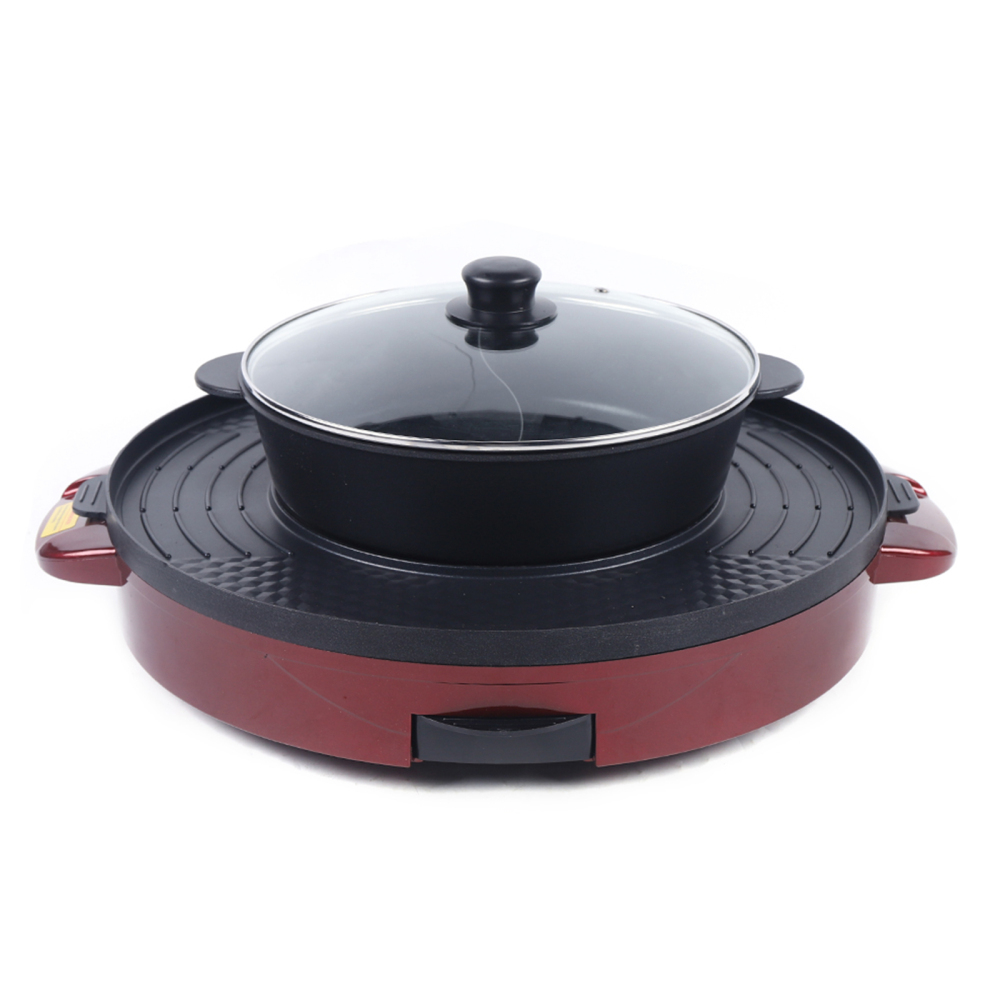 Electric Grill Pan 2 in 1 Hot Pot Multi-function Non-Stick Double Pan Barbecue Double Separation Mandarin Duck Pot For 5-8 People Red