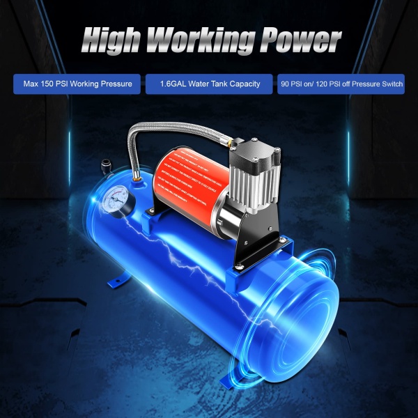 t12V 6L Air Compressor Compressor Air Horn Kit 6 Liter with 150 PSI Air Compressor 4 Trumpet Anti-vibration Feet for Car Tires Car Engines Bicycles