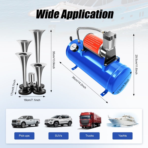t12V 6L Air Compressor Compressor Air Horn Kit 6 Liter with 150 PSI Air Compressor 4 Trumpet Anti-vibration Feet for Car Tires Car Engines Bicycles