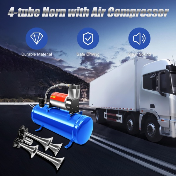 t12V 6L Air Compressor Compressor Air Horn Kit 6 Liter with 150 PSI Air Compressor 4 Trumpet Anti-vibration Feet for Car Tires Car Engines Bicycles