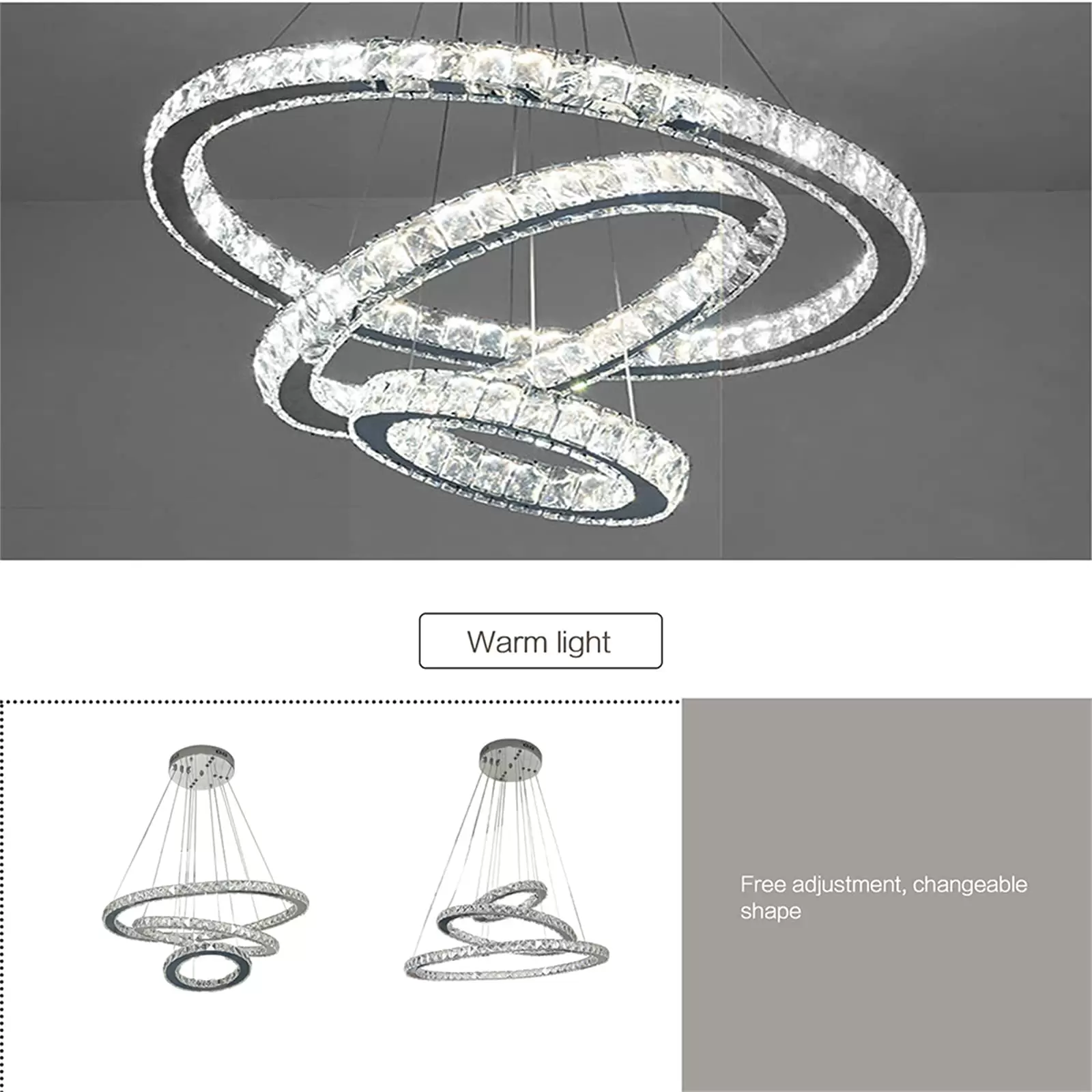 3 Rings LED Pendant Light Height Adjustable Hanging Lamp 96 Watt Cold White Light Ring Crystal Chandelier For Living Room Bedroom 3 Rings LED Pendant Light Height Adjustable Hanging Lamp 96 Watt Cold White Light Ring Crystal Chandelier For Living Room Bedroom