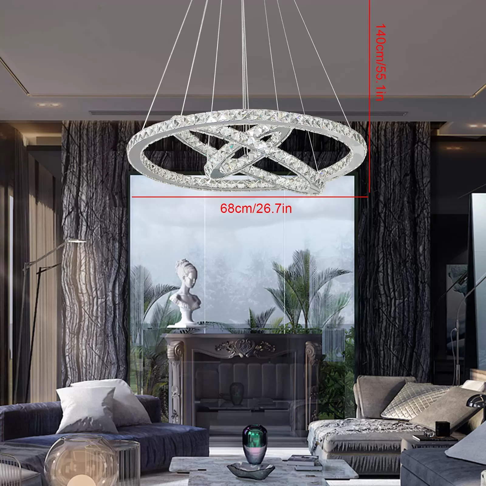 3 Rings LED Pendant Light Height Adjustable Hanging Lamp 96 Watt Cold White Light Ring Crystal Chandelier For Living Room Bedroom 3 Rings LED Pendant Light Height Adjustable Hanging Lamp 96 Watt Cold White Light Ring Crystal Chandelier For Living Room Bedroom