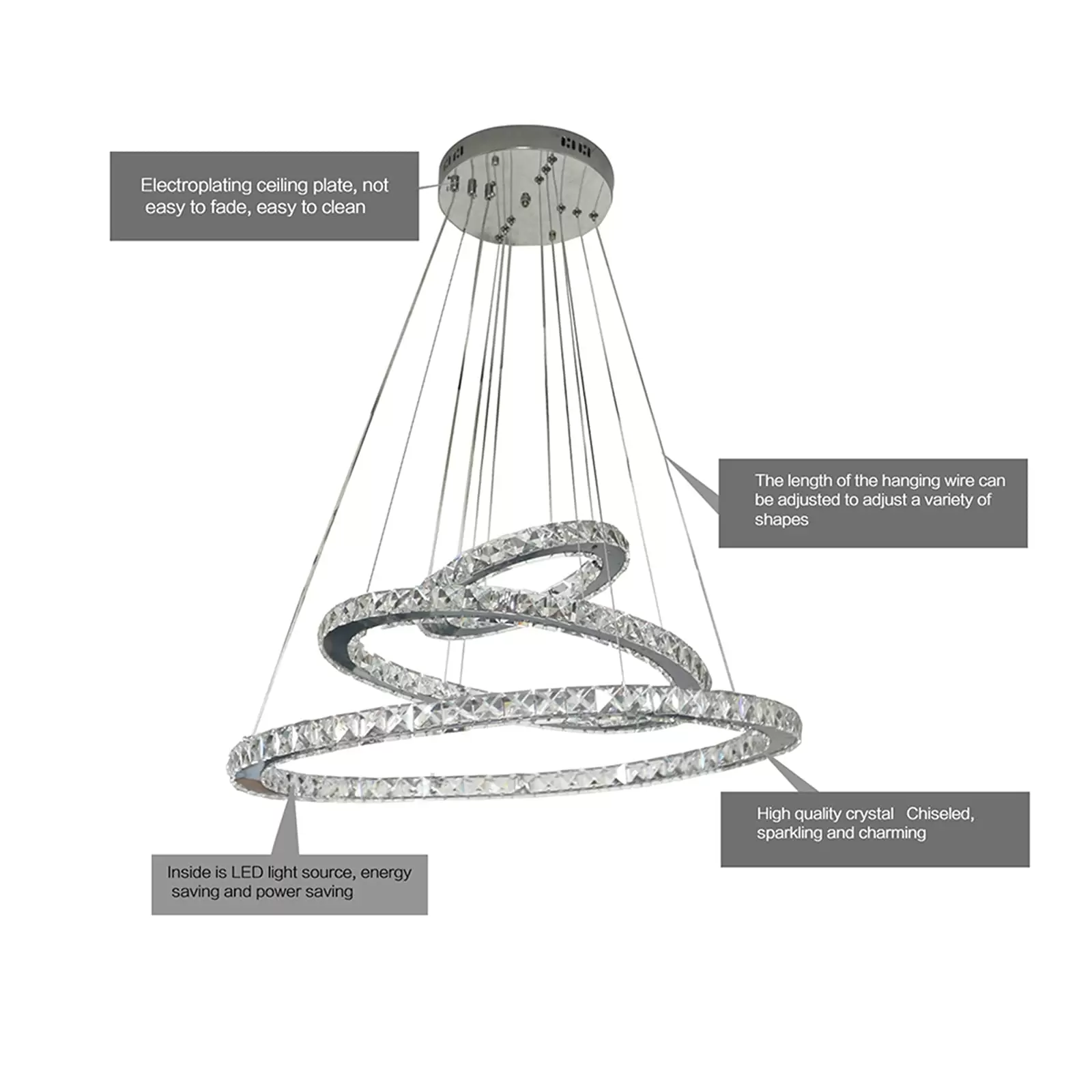 3 Rings LED Pendant Light Height Adjustable Hanging Lamp 96 Watt Cold White Light Ring Crystal Chandelier For Living Room Bedroom 3 Rings LED Pendant Light Height Adjustable Hanging Lamp 96 Watt Cold White Light Ring Crystal Chandelier For Living Room Bedroom