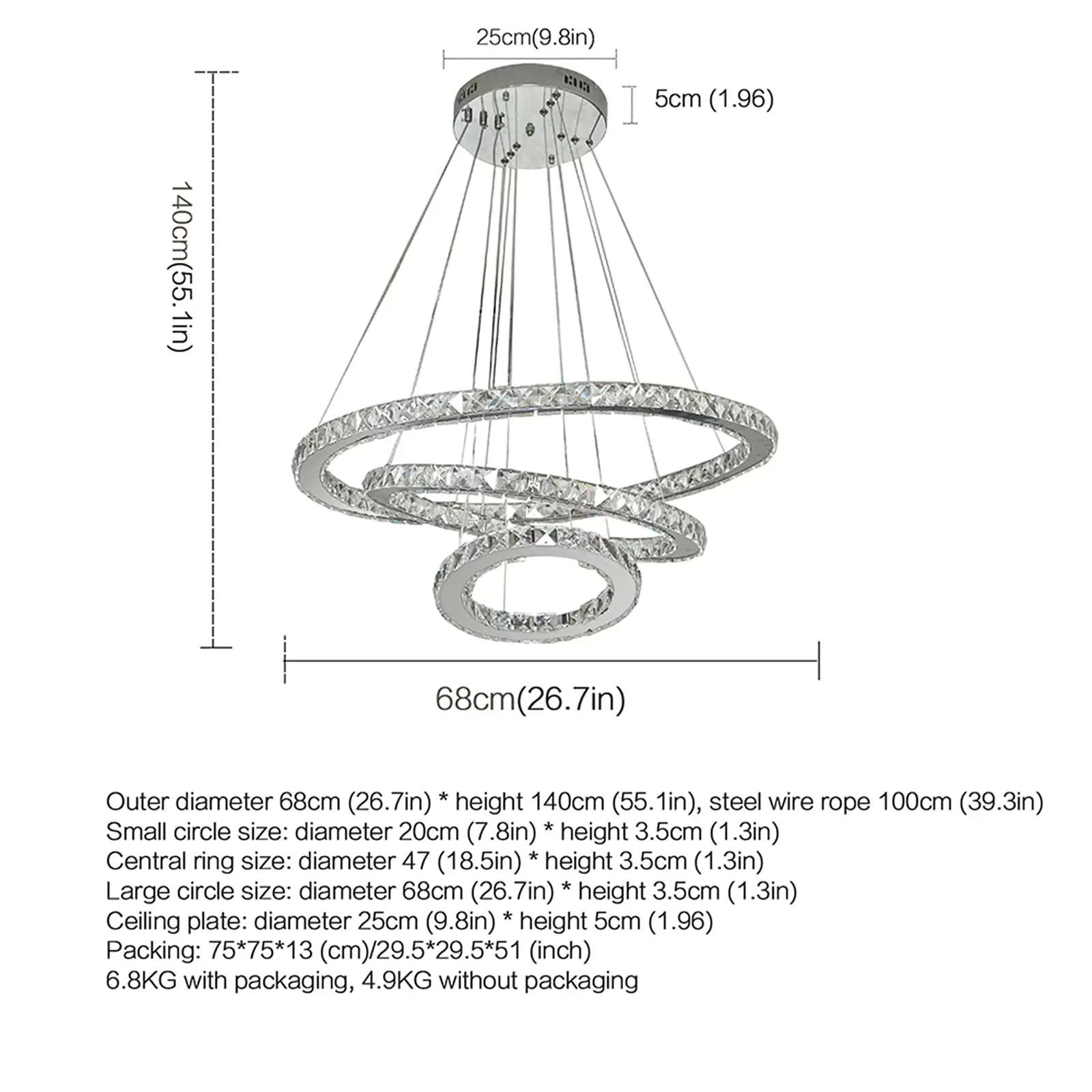 3 Rings LED Pendant Light Height Adjustable Hanging Lamp 96 Watt Cold White Light Ring Crystal Chandelier For Living Room Bedroom 3 Rings LED Pendant Light Height Adjustable Hanging Lamp 96 Watt Cold White Light Ring Crystal Chandelier For Living Room Bedroom