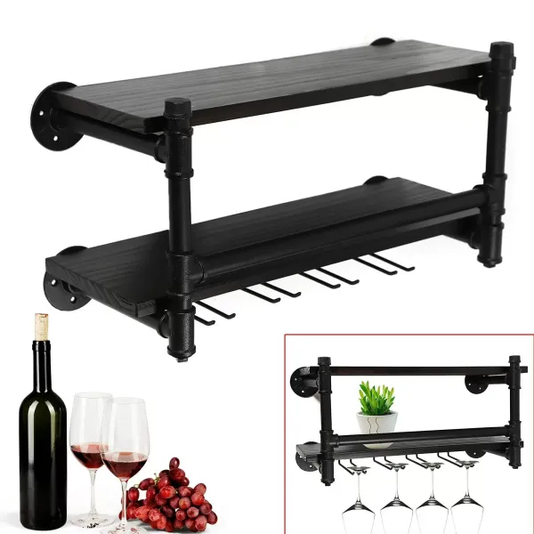 Wine Rack Wall-Mounted Wine Bottle Rack Bottle Holder Wine Bottle Rack 2 Shelf with Wine Glass Holder