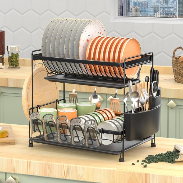 2-layer Black Drain Rack For Bowls, Dishes, Chopsticks, Knives And Forks, Cups, Cutting Boards