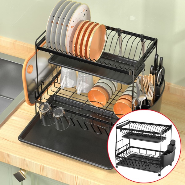 2-layer Black Drain Rack For Bowls, Dishes, Chopsticks, Knives And Forks, Cups, Cutting Boards