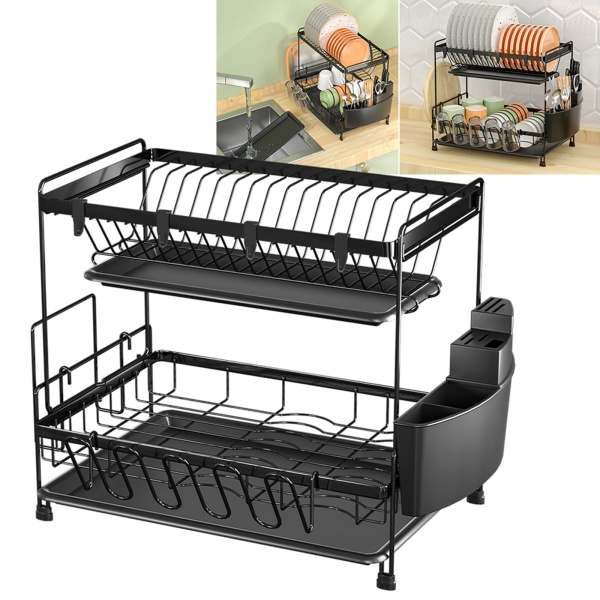 2-layer Black Drain Rack For Bowls, Dishes, Chopsticks, Knives And Forks, Cups, Cutting Boards