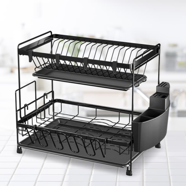 2-layer Black Drain Rack For Bowls, Dishes, Chopsticks, Knives And Forks, Cups, Cutting Boards