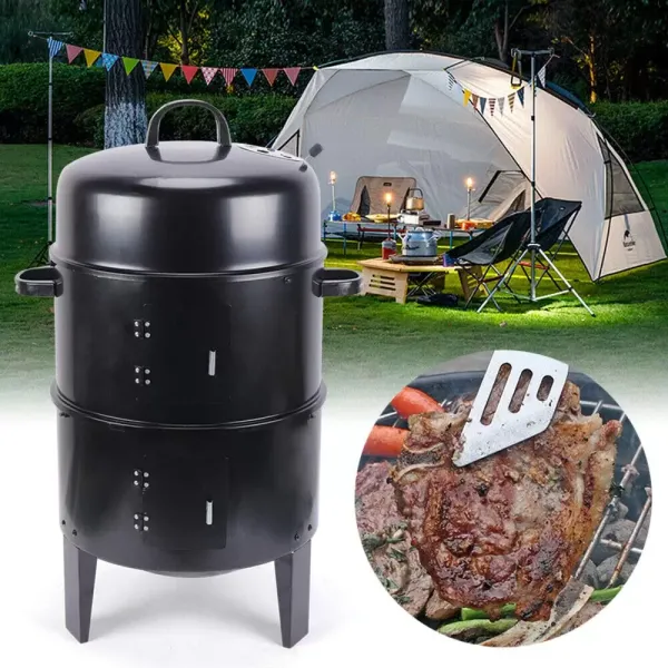 3 In 1 Multi-function Smoker Grill Double Layer Charcoal Grill With Thermometer Outdoor Grill Black Used To Make Grilled Meat Bacon Salami Grilled Chicken