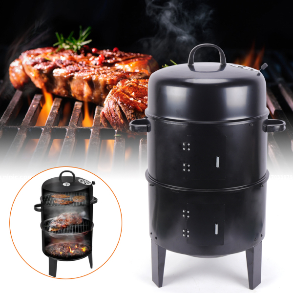 3 In 1 Multi-function Smoker Grill Double Layer Charcoal Grill With Thermometer Outdoor Grill Black Used To Make Grilled Meat Bacon Salami Grilled Chicken