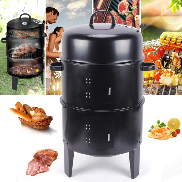 3 In 1 Multi-function Smoker Grill Double Layer Charcoal Grill With Thermometer Outdoor Grill Black Used To Make Grilled Meat Bacon Salami Grilled Chicken