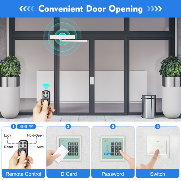 Automatic door opener with remote control and push button - For commercial use