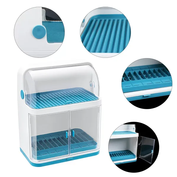 2-Tier Plastic Dish Drying Rack with Dust Cover