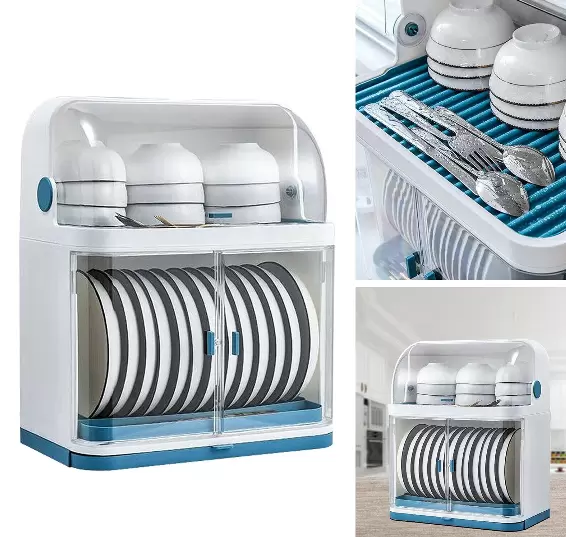 2-Tier Plastic Dish Drying Rack with Dust Cover