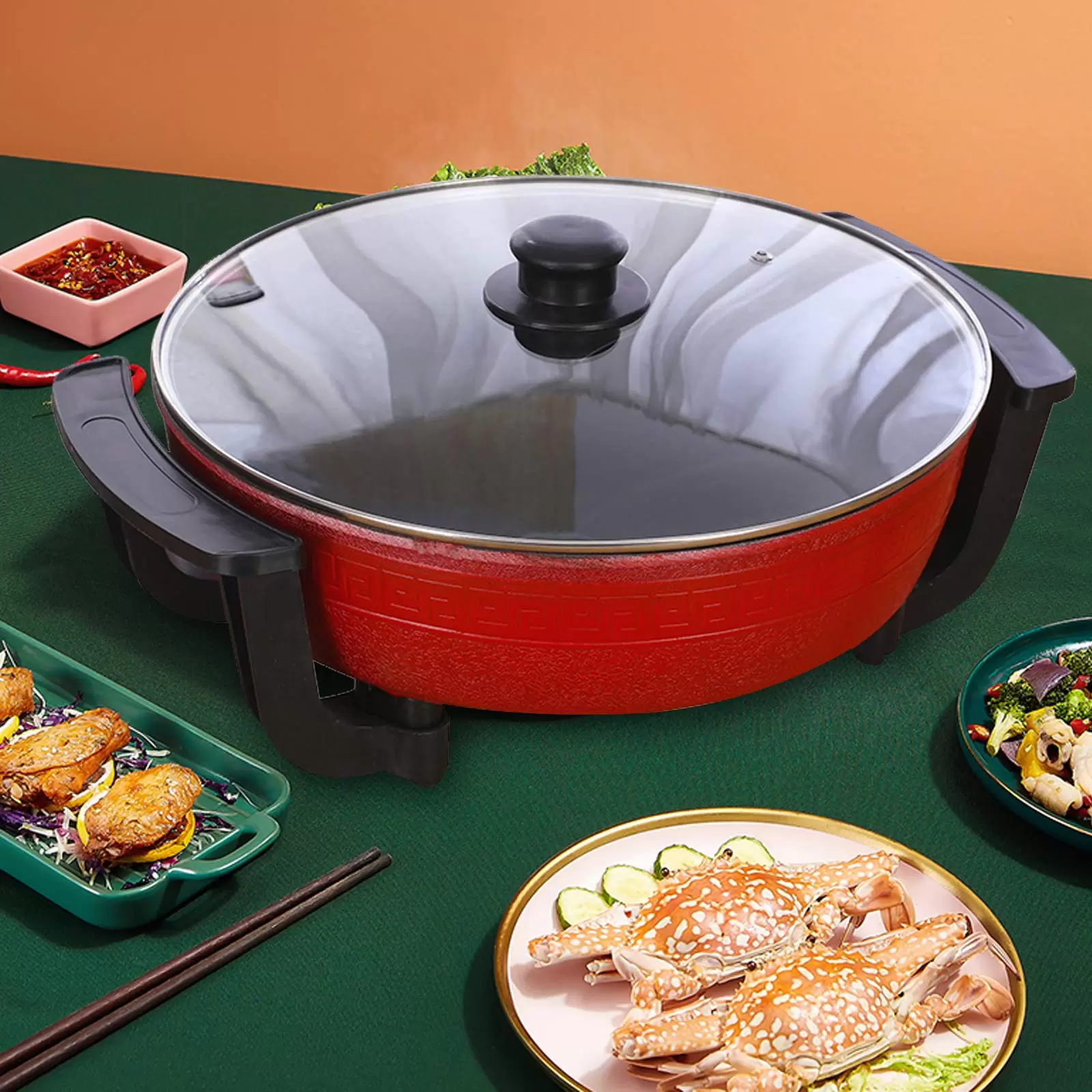 Double Boiler Saucepan 220V 1300W 6L with Glass Lid Induction Compatible High Temperature Resistant Handle Red