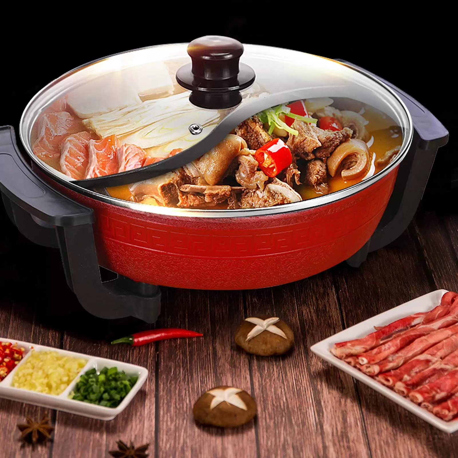 Double Boiler Saucepan 220V 1300W 6L with Glass Lid Induction Compatible High Temperature Resistant Handle Red