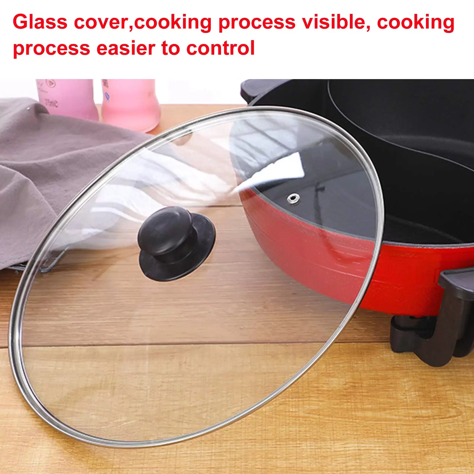 Double Boiler Saucepan 220V 1300W 6L with Glass Lid Induction Compatible High Temperature Resistant Handle Red