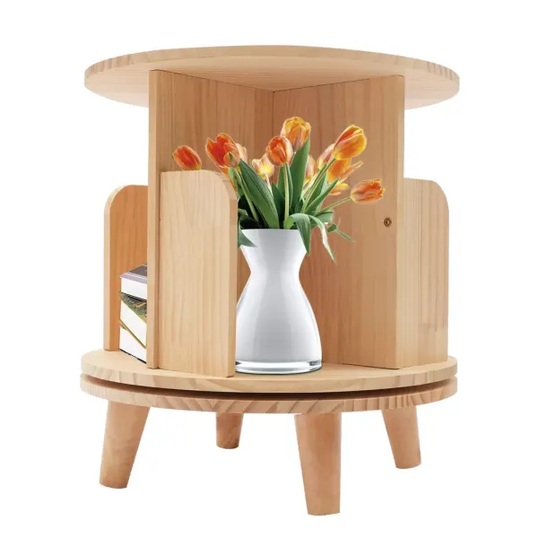 Wooden Rotating Bookshelf - Wooden Shelf - 4 Compartments for Office and Household - Small Side Table