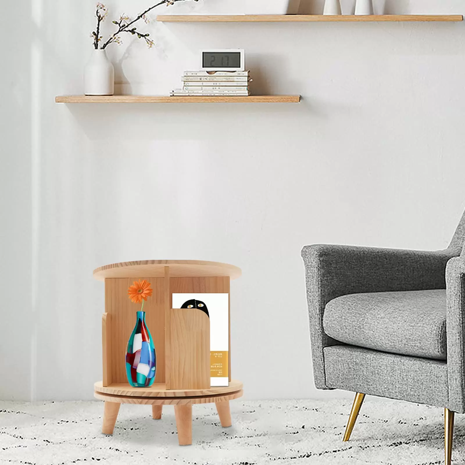 Wooden Rotating Bookshelf - Wooden Shelf - 4 Compartments for Office and Household - Small Side Table Wooden Rotating Bookshelf - Wooden Shelf - 4 Compartments for Office and Household - Small Side Table