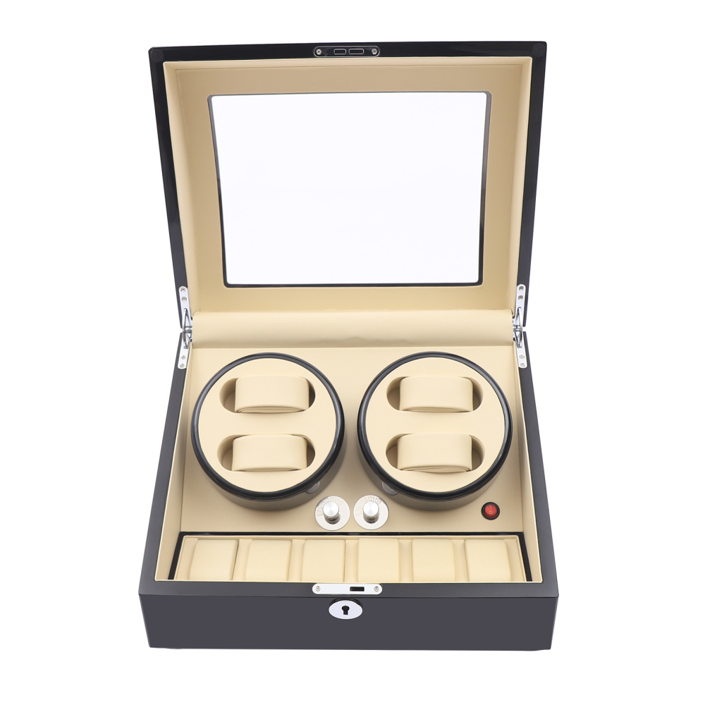 Watch Winder with Quiet Motors Elegance Watch Winder Stylish Watch Winder for 4 Automatic Watches with Watch Storage for 6 Watches in Piano Lacquer Black and White Interior