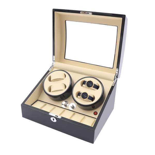 Watch Winder with Quiet Motors Elegance Watch Winder Stylish Watch Winder for 4 Automatic Watches with Watch Storage for 6 Watches in Piano Lacquer Black and White Interior