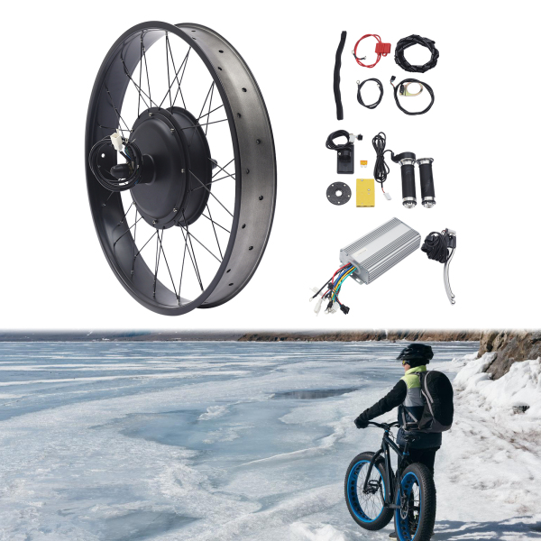26" 48V 1500W Electric Bike Conversion Kit 2 Brake Handles LCD Display Rear Wheel Fat Snow Tire Electric Bicycle 48V 1500W with LCD