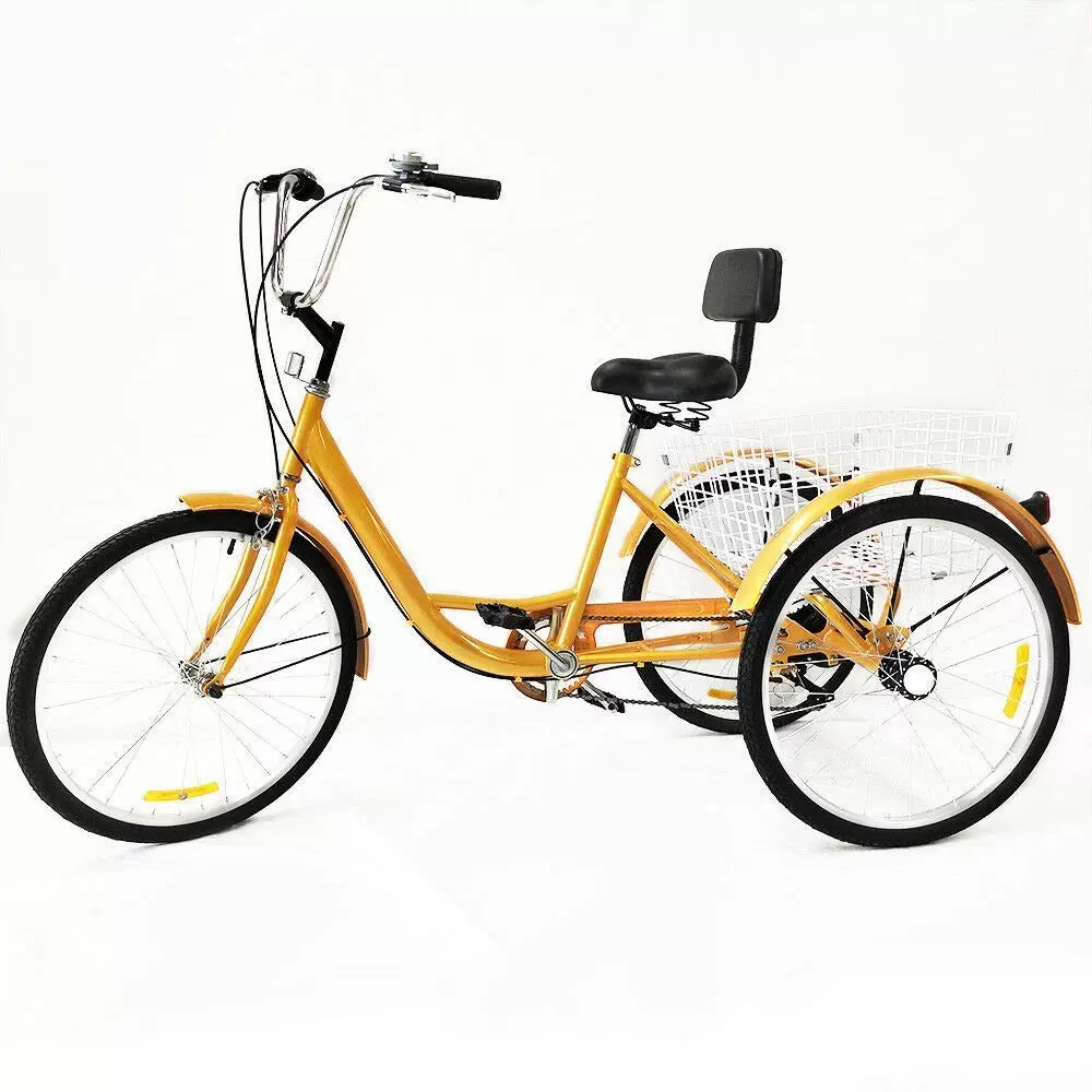 24" 6 speeds Adult tricycle 3 wheels Racing bike+with basket Yellow (without light)