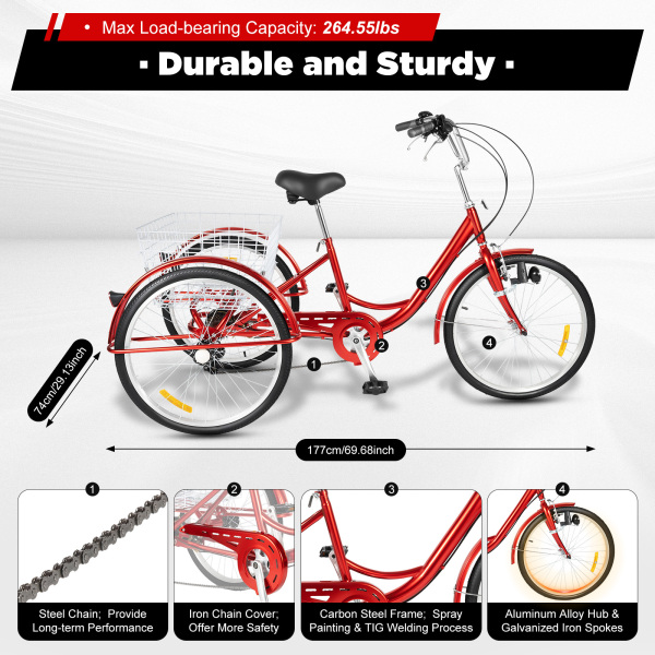 24 Inch Tricycle for Adult 6 Speed Tricycle with Basket and Light Adults