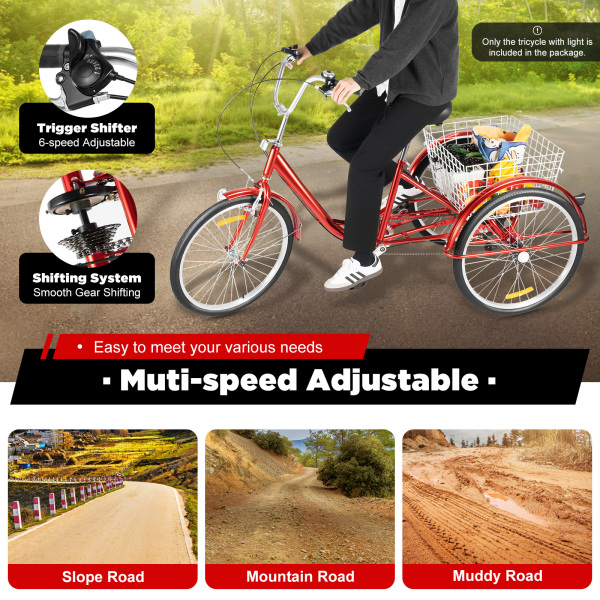 24 Inch Tricycle for Adult 6 Speed Tricycle with Basket and Light Adults