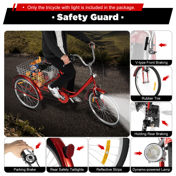 24 Inch Tricycle for Adult 6 Speed Tricycle with Basket and Light Adults