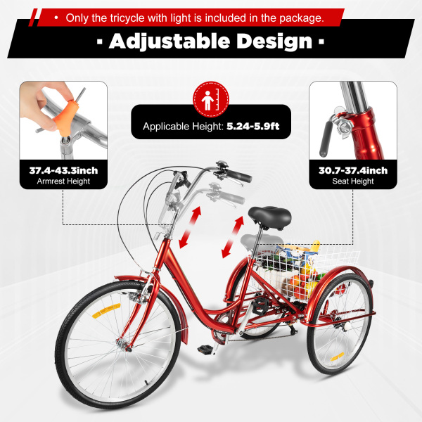 24 Inch Tricycle for Adult 6 Speed Tricycle with Basket and Light Adults