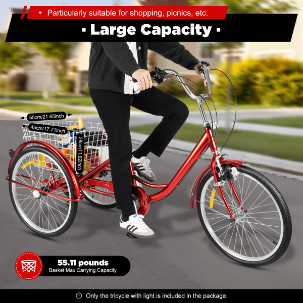 24 Inch Tricycle for Adult 6 Speed Tricycle with Basket and Light Adults